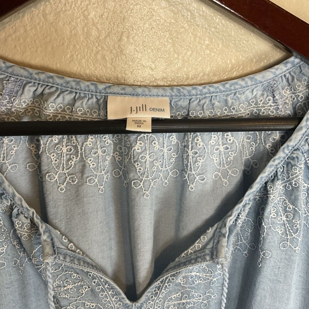 J Jill Denim Womens Chambray Embroidered Top Size M Blue Long Sleeve Tassel Boho - Picture 8 of 10